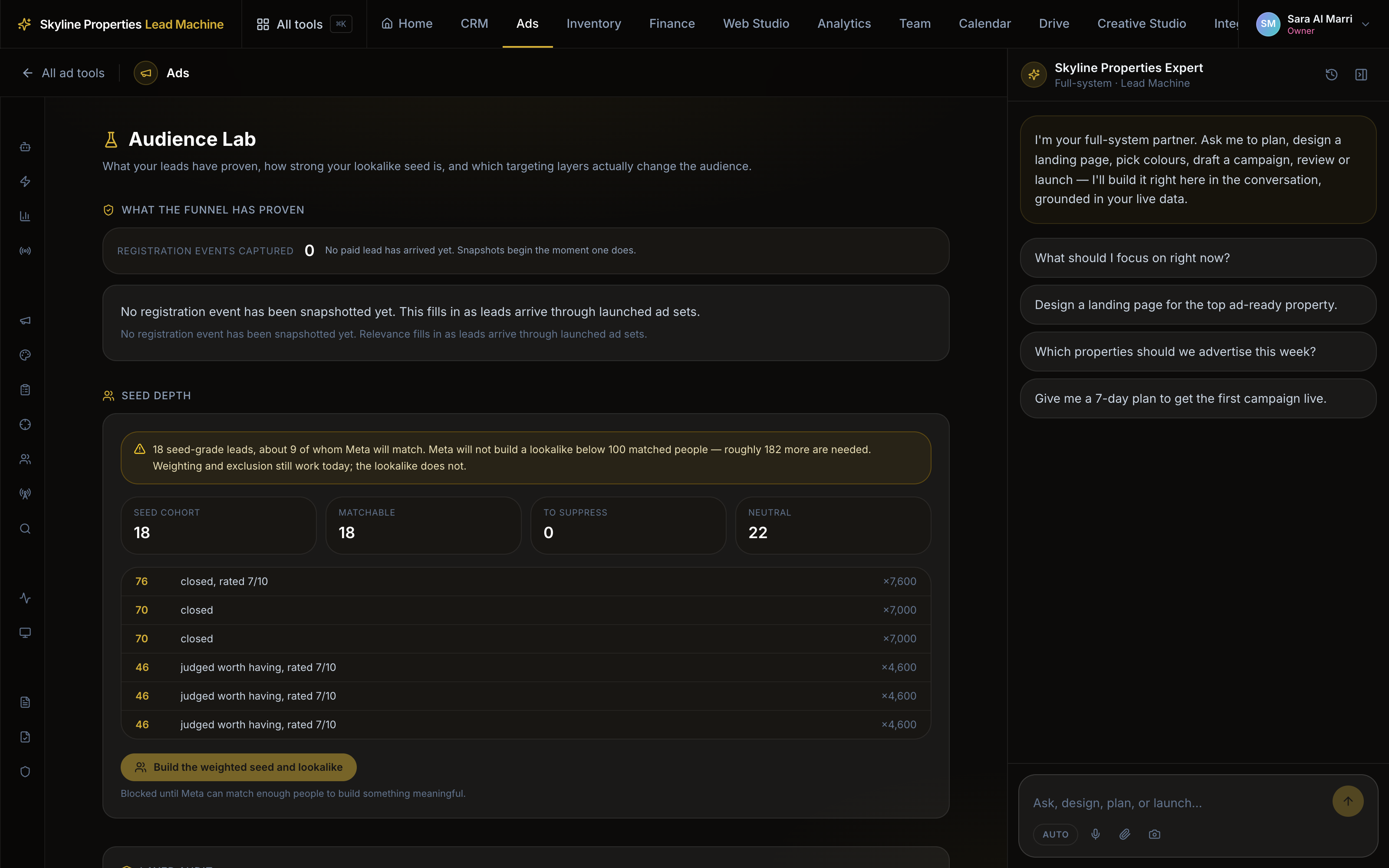 Audience Lab seed depth — rated leads counted into a lookalike seed.
